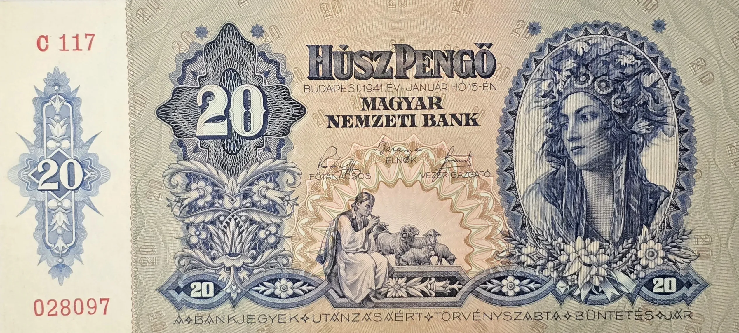 اسکناس مجارستان ۲۰ پنگو مجارستان ۱۹۴۱ کیفیت EF